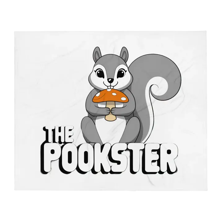 Ultra soft and plushy blanket: The Pookster: Large Pooky, 70s font, mushroom, transparent background. greyscale with red mushroom product image (2)