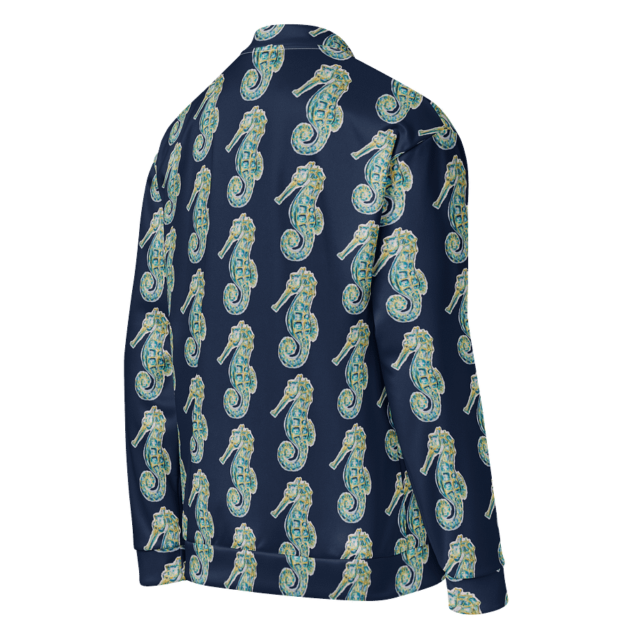 All-Over Print Bomber Jacket | Coastal Cool, City Bold | Monique Faella Designs™ Style | Deep Sky Blue Logos on Painted Seahorses Pattern product image (4)
