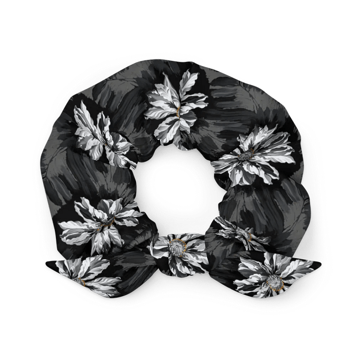 Hair Scrunchie - Painted Gray Flowers on a Black Background product image (2)