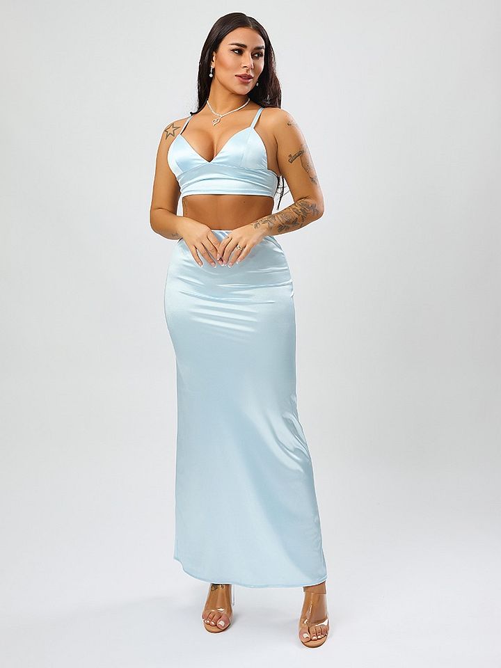 Wholesale high quality casual slight stretch solid color satin high waist maxi skirt product image (1)