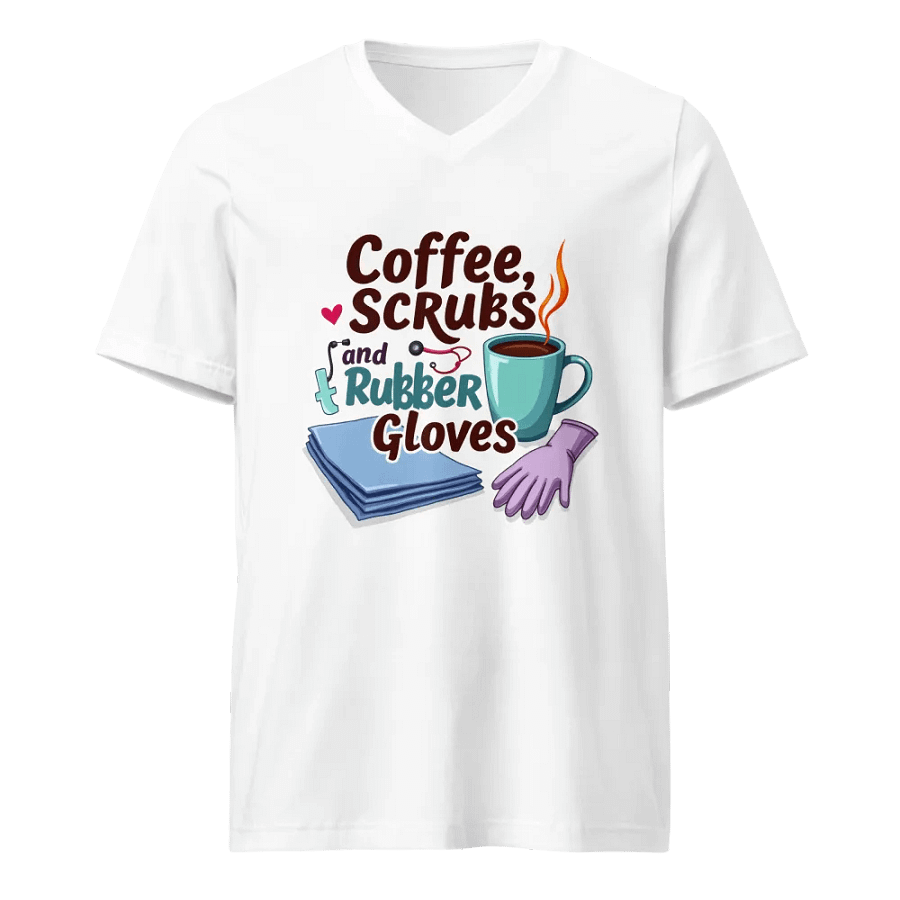 Coffee, Scrubs, and Rubber Gloves V-Neck Tee product image (1)