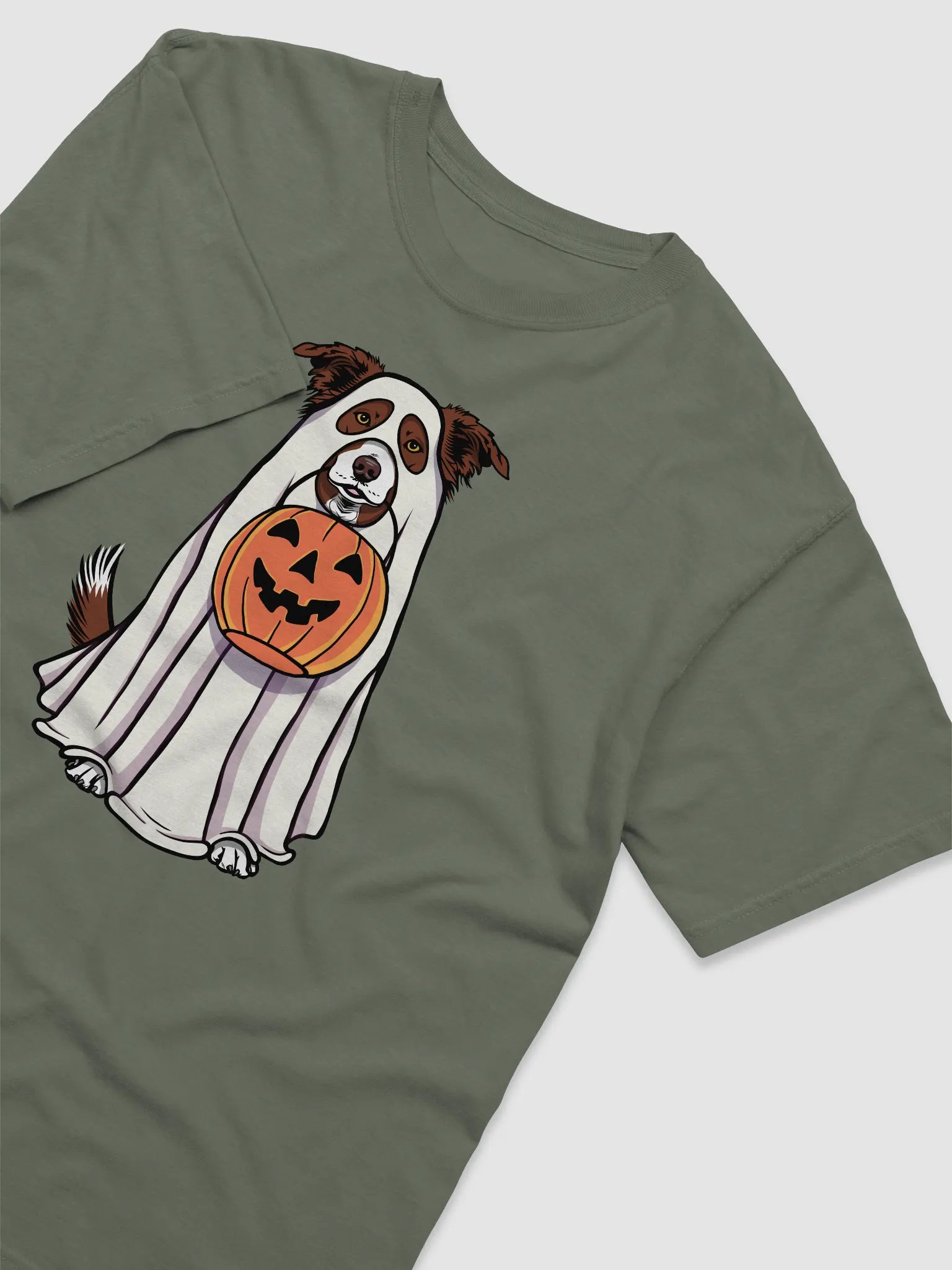 Funny Halloween Border Collie(Brown) T-Shirt | Funny Border Collie Wearing a Ghost Costume and Holding a Pumpkin Basket product image (10)