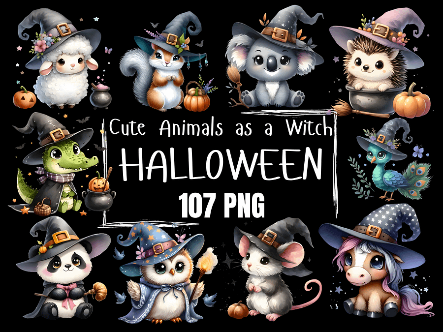 Halloween PNG, Cute Animals as a Witch PNG, Sticker, Mug, dtf, Shirts, PNG Download product image (1)