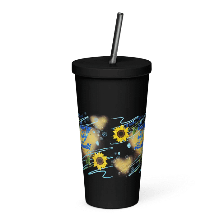 Insulated Tumbler with straw with beautiful swirly  water drop splash and drops design, featuring ‘This water gives Harmony in Body and Mind