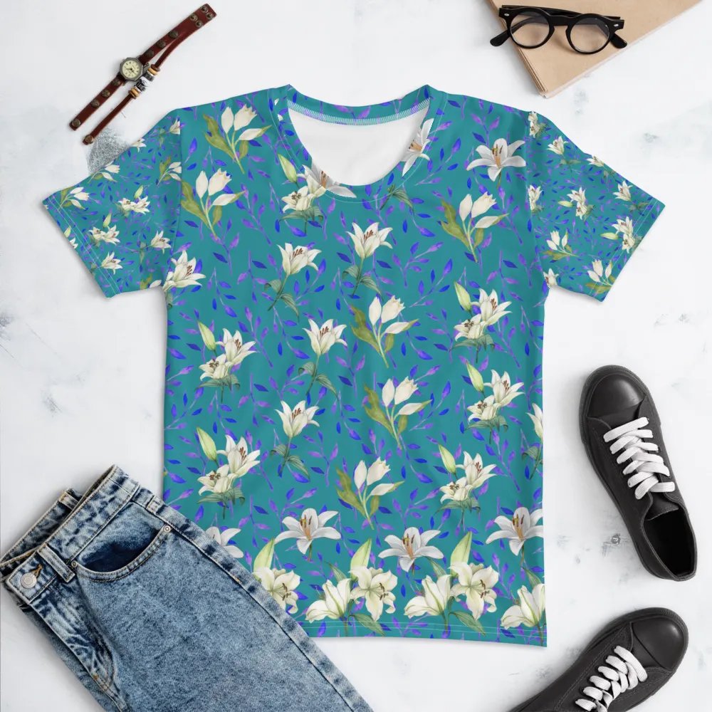 Ladies T shirt all over print blue and white flowery design giving a fresh holiday  fee product image (10)