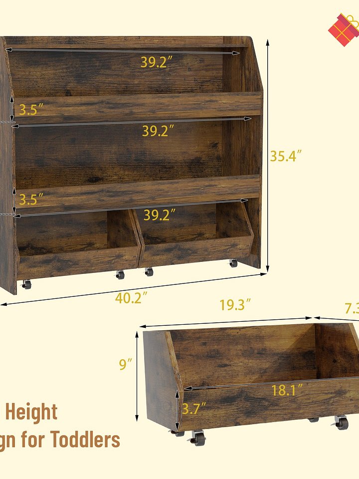 3-Tier Portable Toy Storage, Kids Toy Organizer W/2 Removable Bins with 4 Wheels（Brown) product image (2)