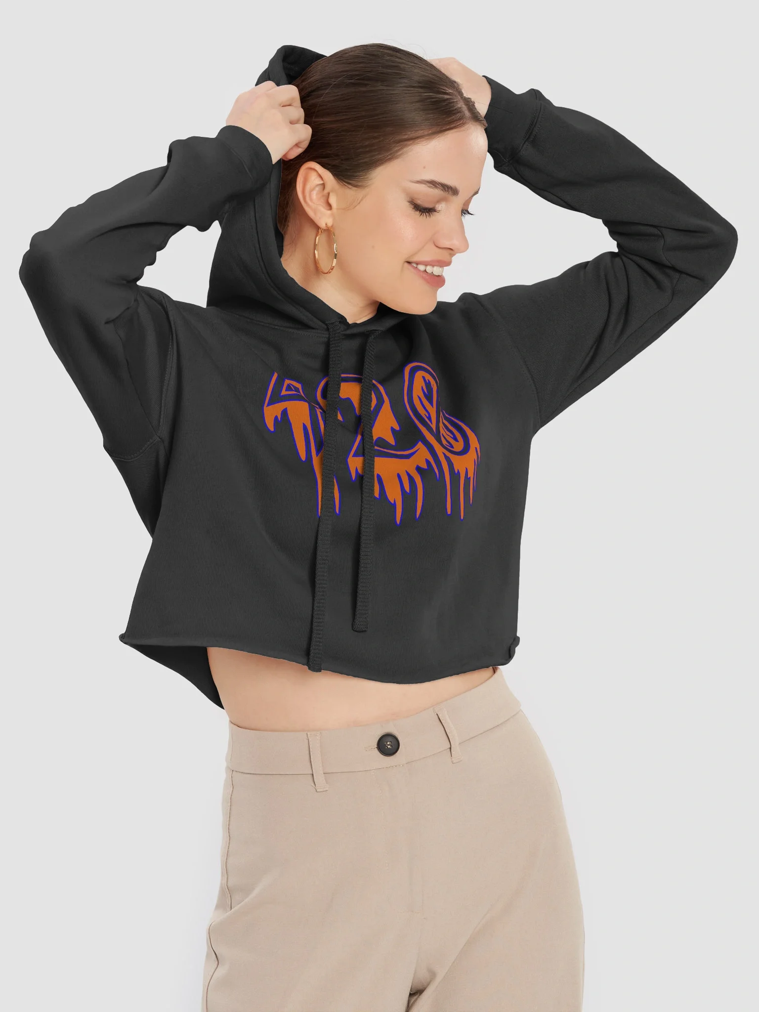 Orange Blue Happy 420 Horror Lover Crop Hoodie, Creepy Cannabis Clothing for Pothead Punks & Weedy Weirdos, Black Beach Goth Stoner Fashion product image (5)