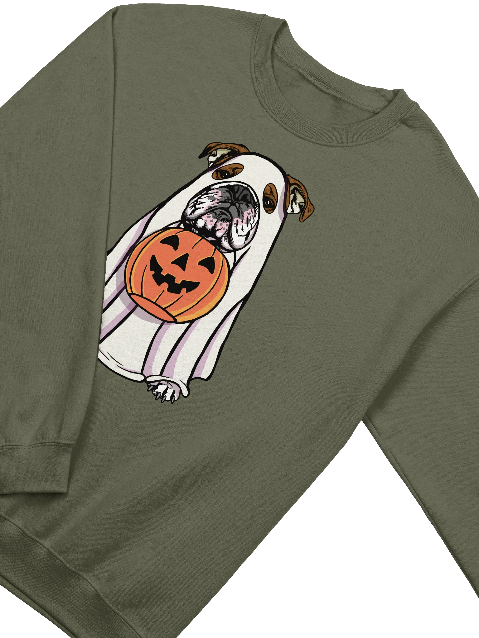 Funny Halloween English Bulldog(Brindle) Sweatshirt | Funny English Bulldog Wearing a Ghost Costume and Holding a Pumpkin Basket product image (18)