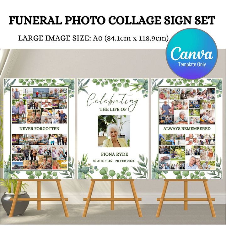 Green Leaves Funeral Photo Collage Sign Set Canva Template product image (1)