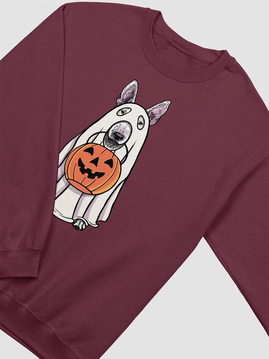Funny Halloween Bull Terrier Sweatshirt | Funny Dog Wearing a Ghost Costume and Holding a Pumpkin Basket product image (13)