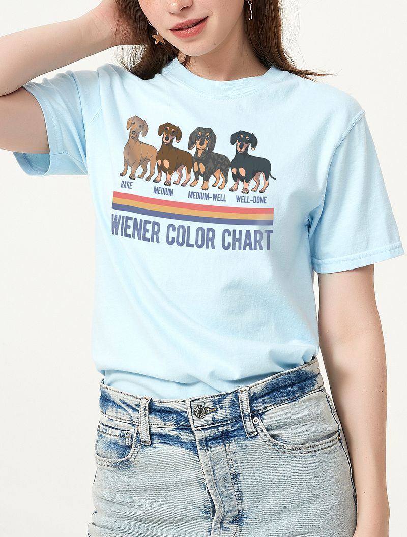 Dachshund Color Chart T-Shirt | Funny Retro-Style Weiner Color Types for Doxie Dog Lovers