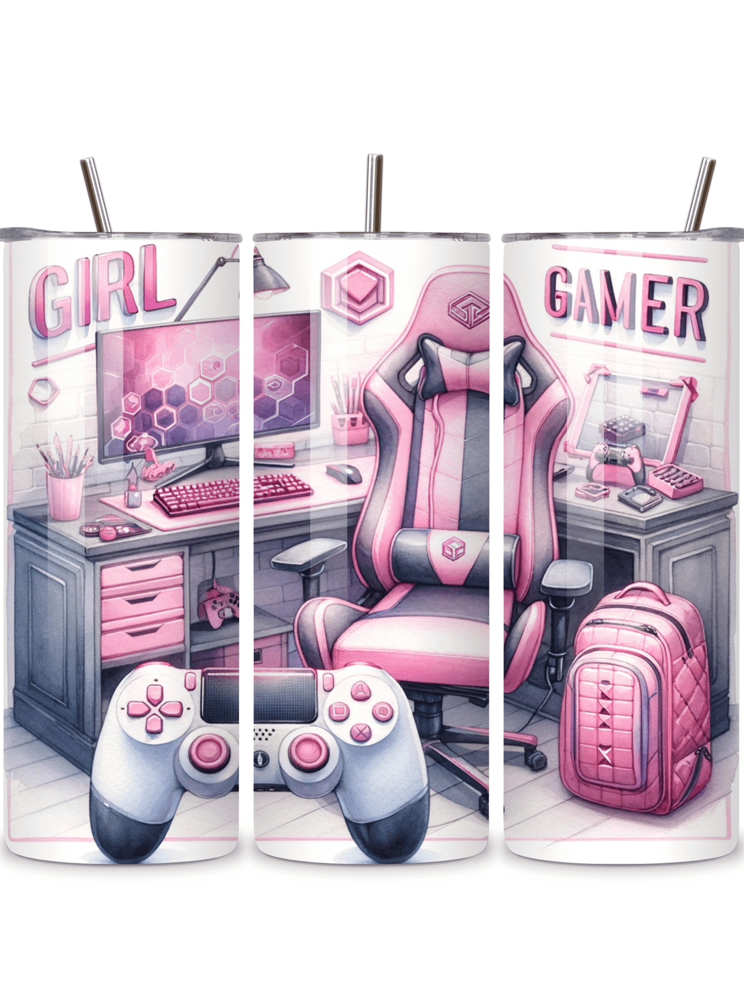 Girl Gamer 20oz Skinny Tumbler with Metal Straw – Stylish Pink Gaming Setup Design – Double-Walled Insulated Stainless Steel Tumbler for Hot & Cold Drinks, Perfect Gift for Female Gamers product image (1)