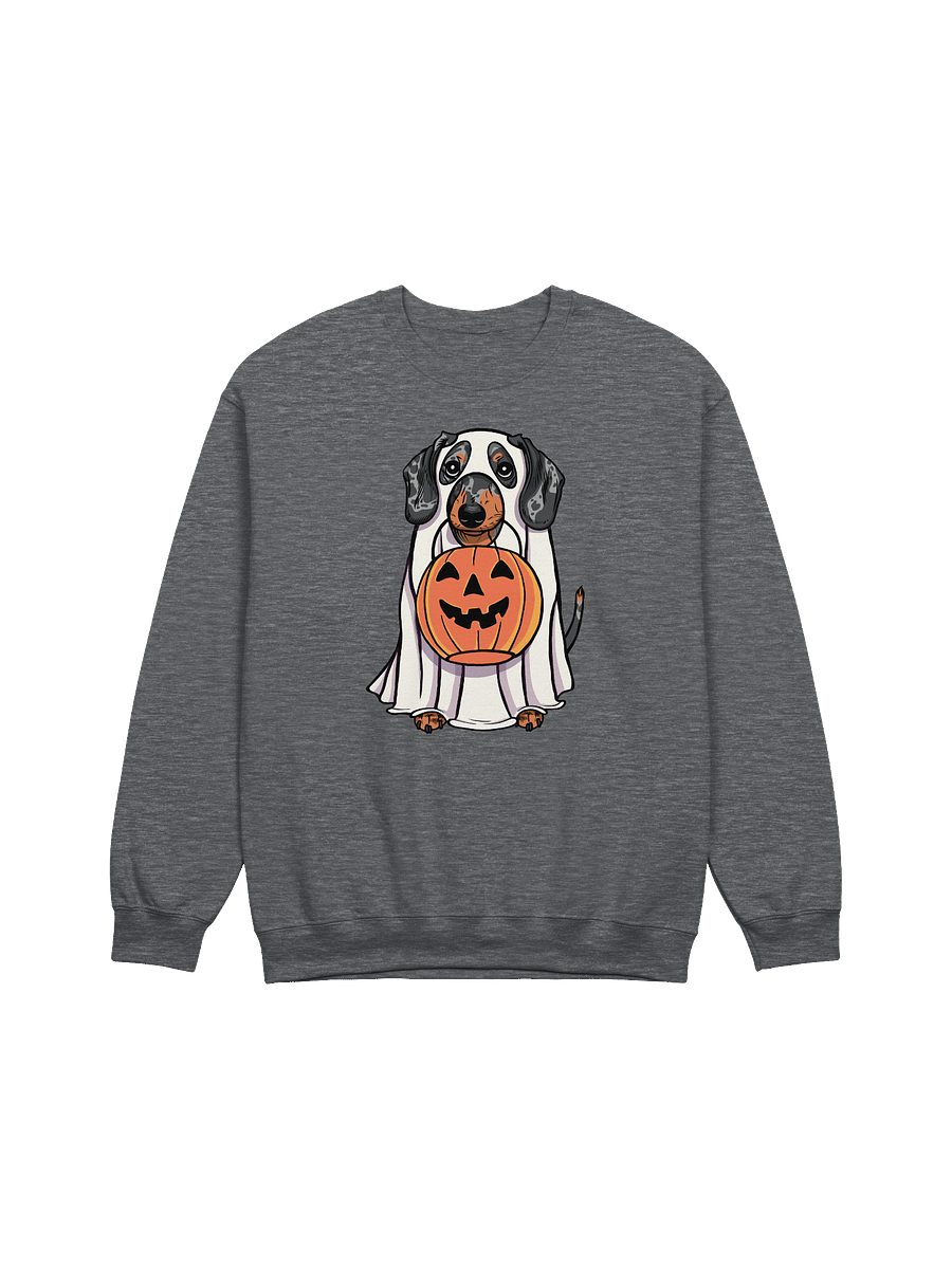 Funny Halloween Dachshund(Dapple) Sweatshirt | Funny Doxie/Wiener Wearing a Ghost Costume and Holding a Pumpkin Basket product image (7)