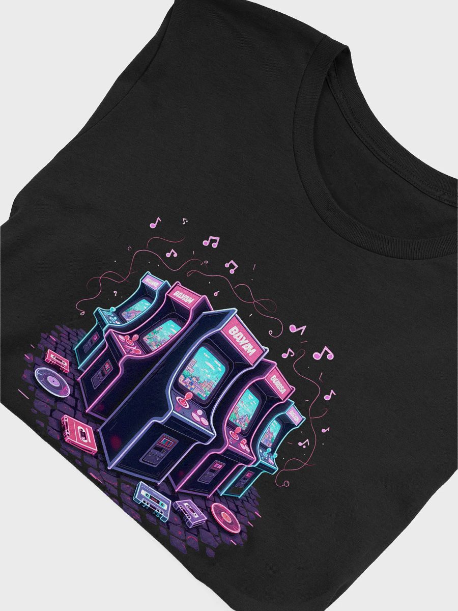 Step into the Electric Dreamscape: Retro Arcade Machines Illuminated by Neon Musical Notes - Unleash Your Inner Gamer and Music Lover with This Exclusive T-Shirt Design product image (5)