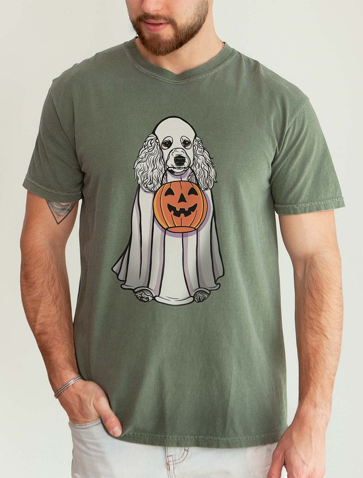 Funny Halloween Poodle(White) T-Shirt | Funny Papillon Wearing a Ghost Costume and Holding a Pumpkin Basket product image (5)