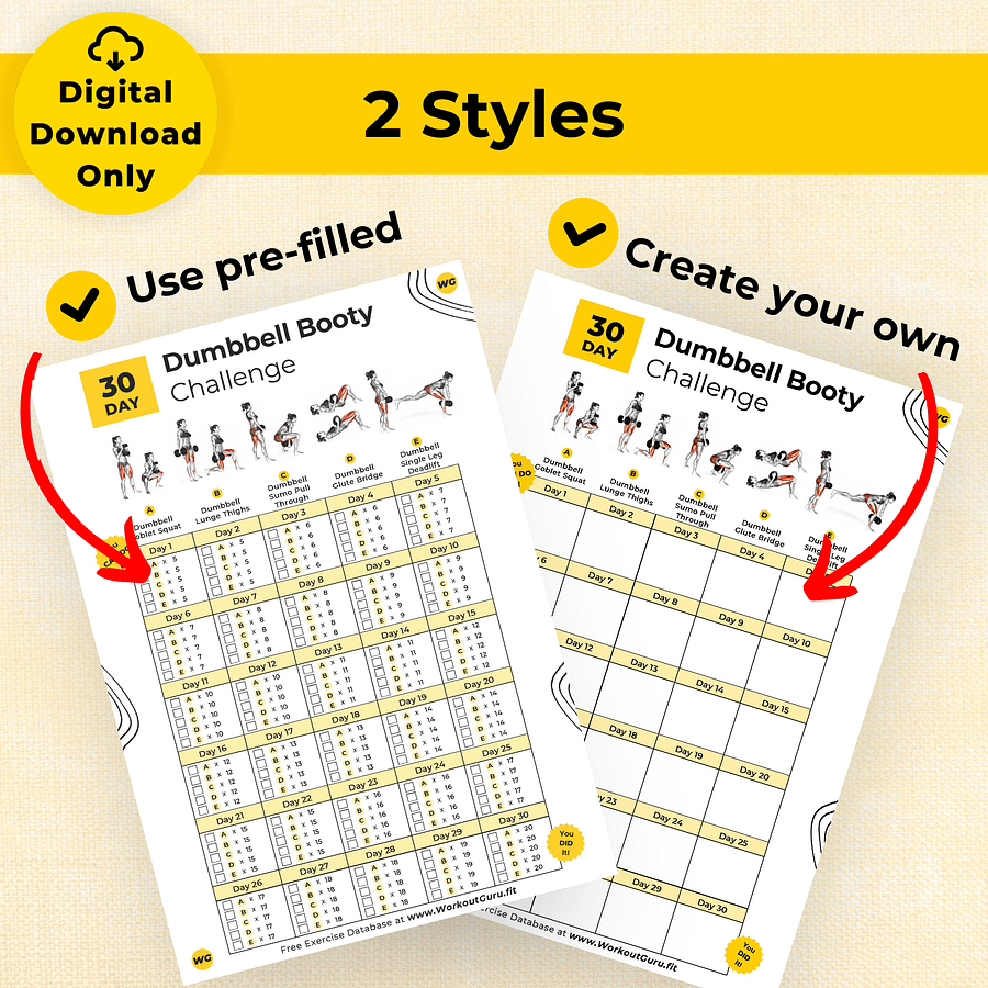30 Day Dumbbell Booty Challenge - Printable Workout Tracker product image (3)
