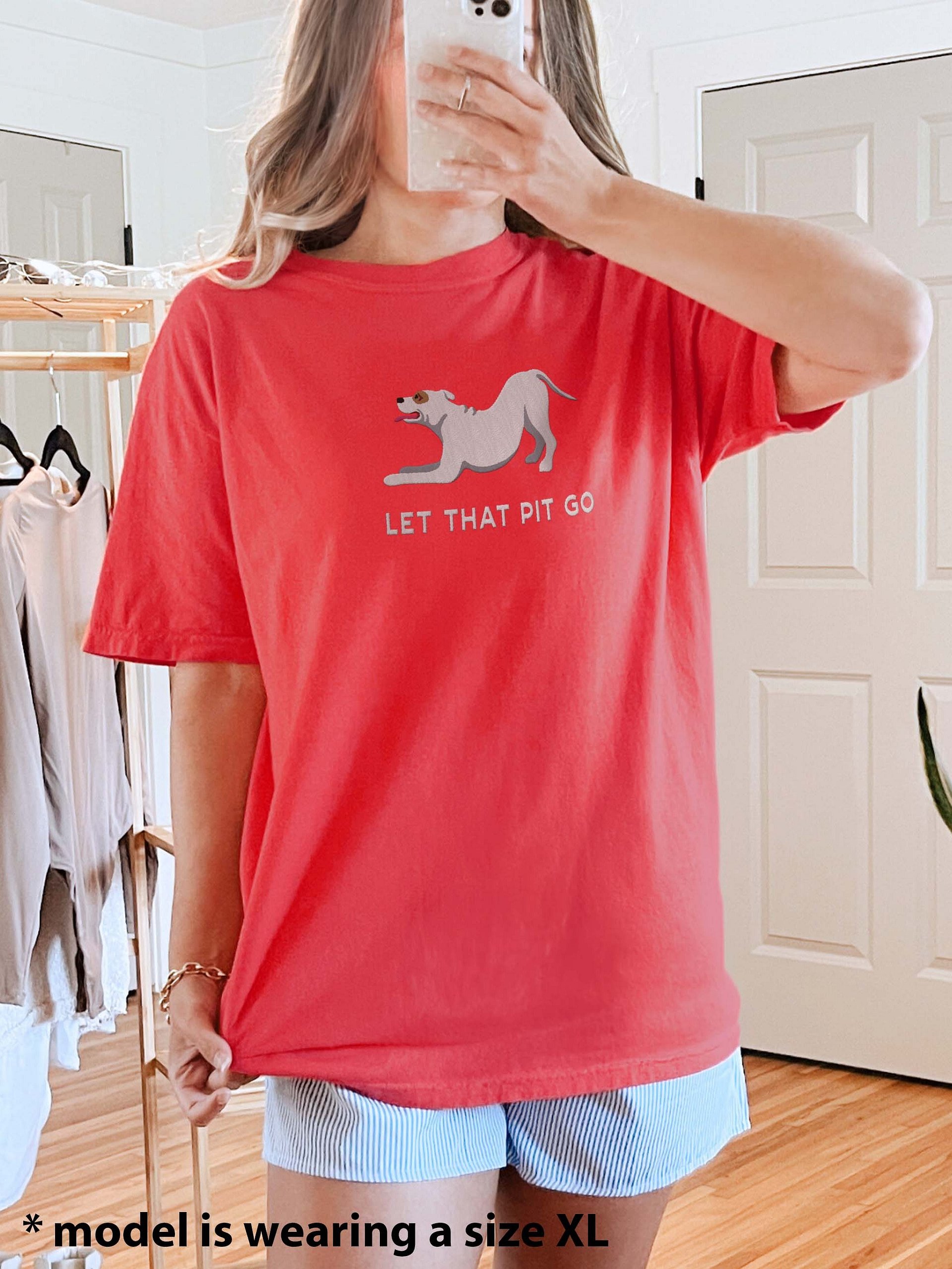 Let That Pit Go T-Shirt(Embroidered) of a Pitbull Terrier(White) product image (2)