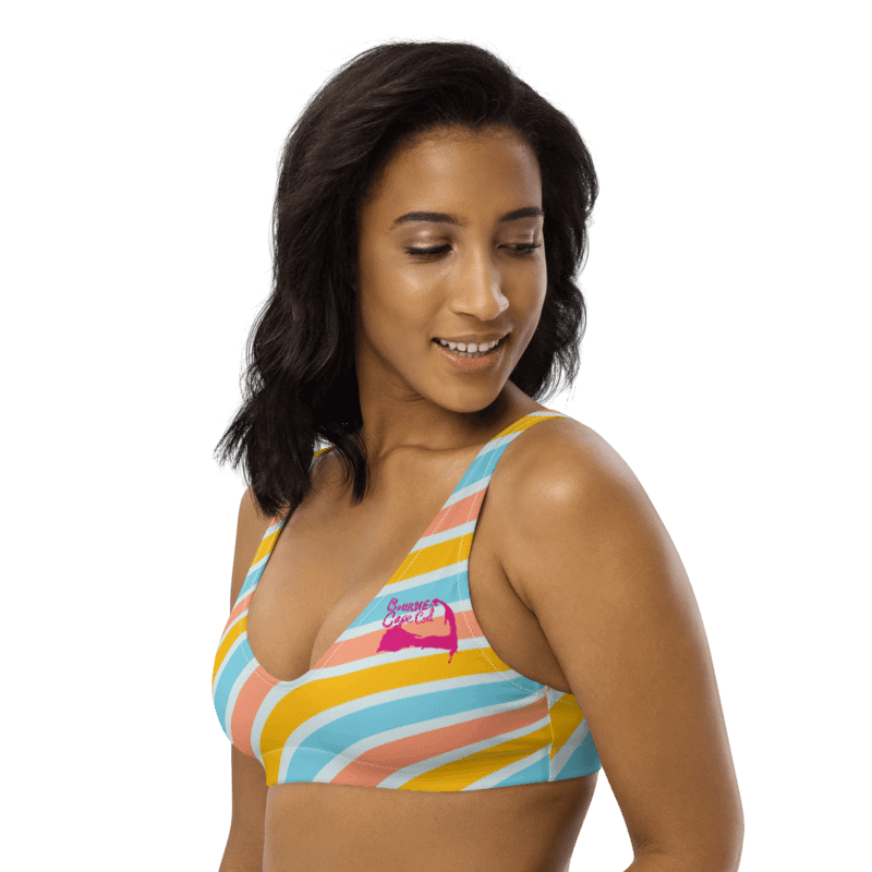 Women's | Recycled Padded Bikini Top | BOURNE to Cape Cod™ | Pink Logos on Bright Stripes product image (3)