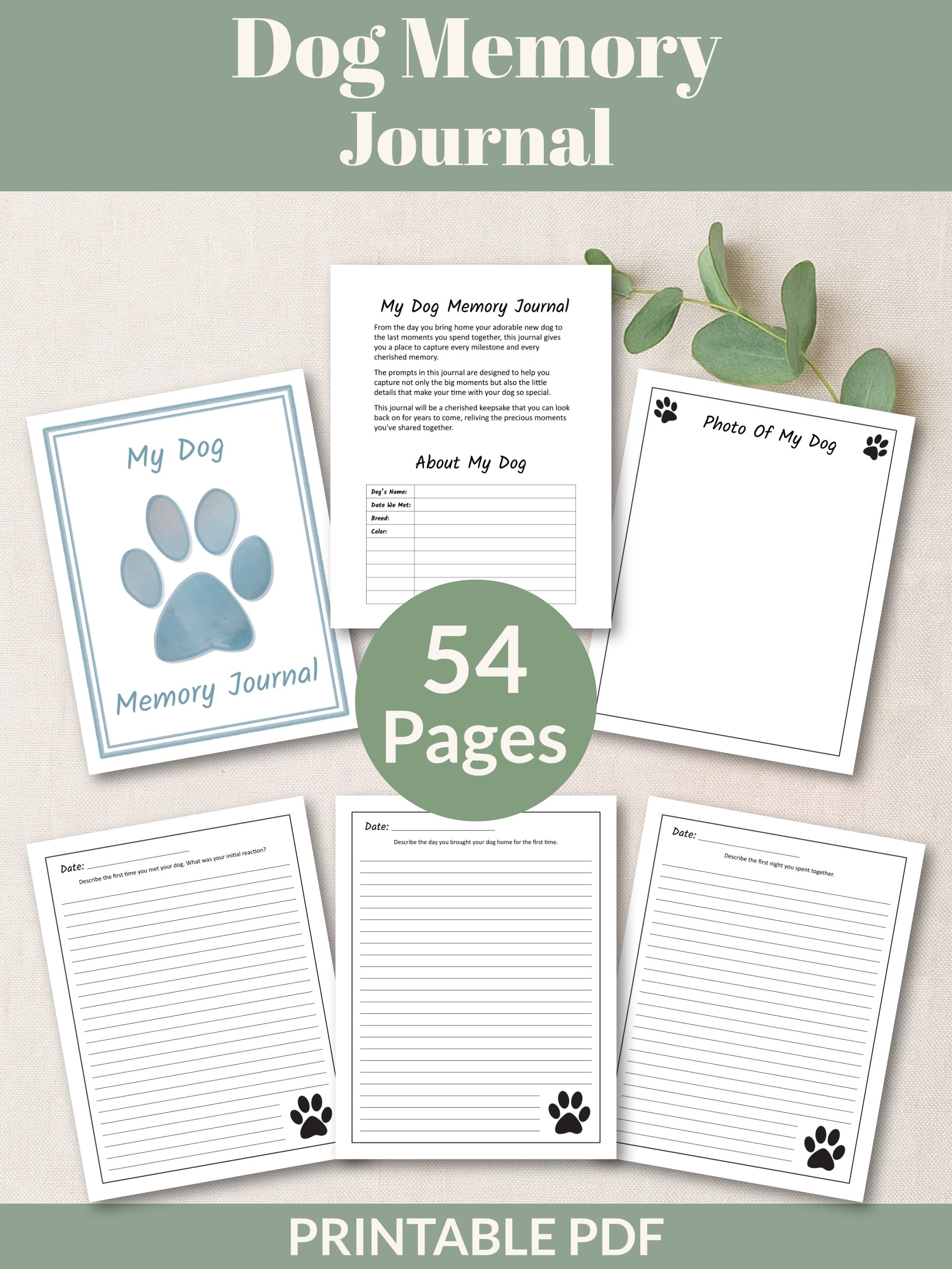 Printable Dog Memory Journal - Blue Watercolor Pawprint product image (1)