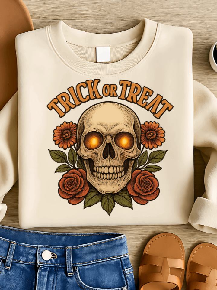 Haunted Bloom Skull Sublimation PNG – “Trick or Treat” Gothic Skull T-Shirt Design – Spooky Whimsical Theme – 300 DPI Instant Digital Download product image (1)