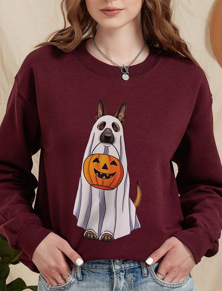 Belgian Malinois Halloween Sweatshirt | Funny Fall and Halloween Malinois Wearing a Ghost Costume with Pumpkin Basket product image (14)