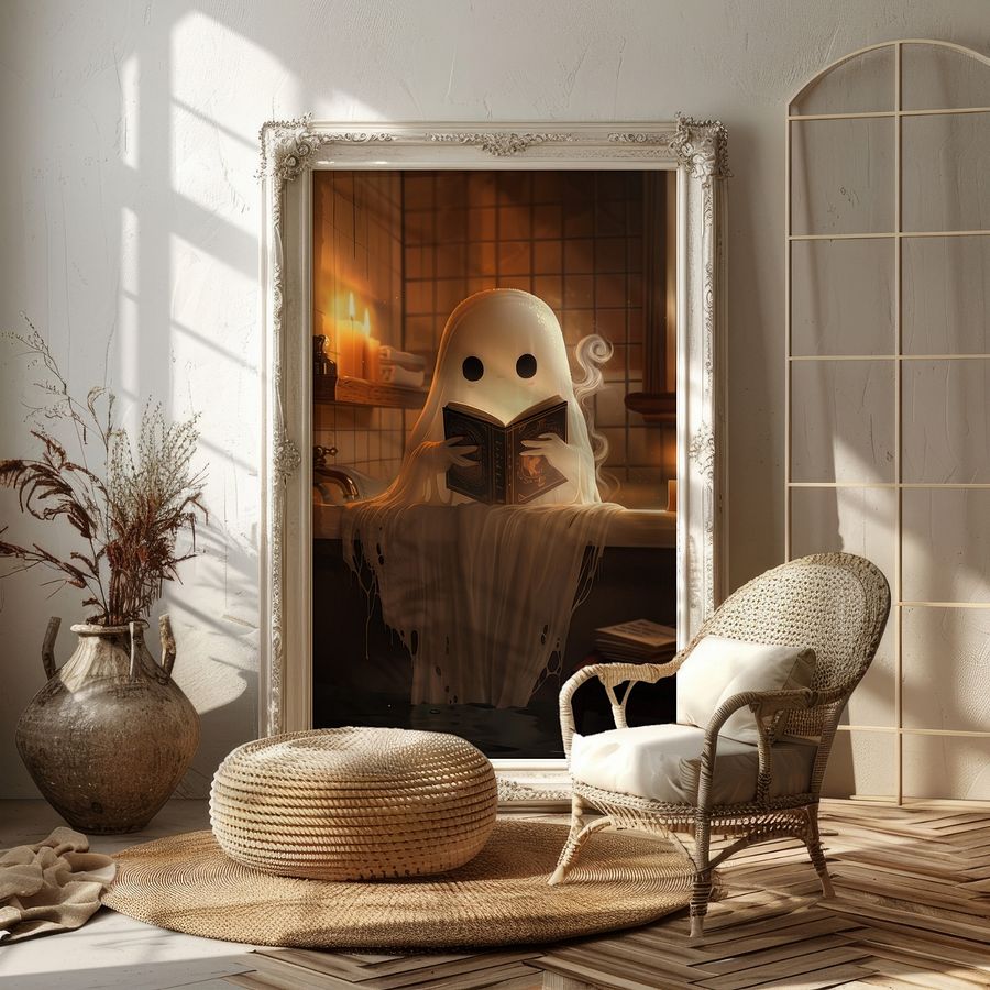 Cute Ghost Reading a Book in The Bathroom Halloween Art Print product image (21)