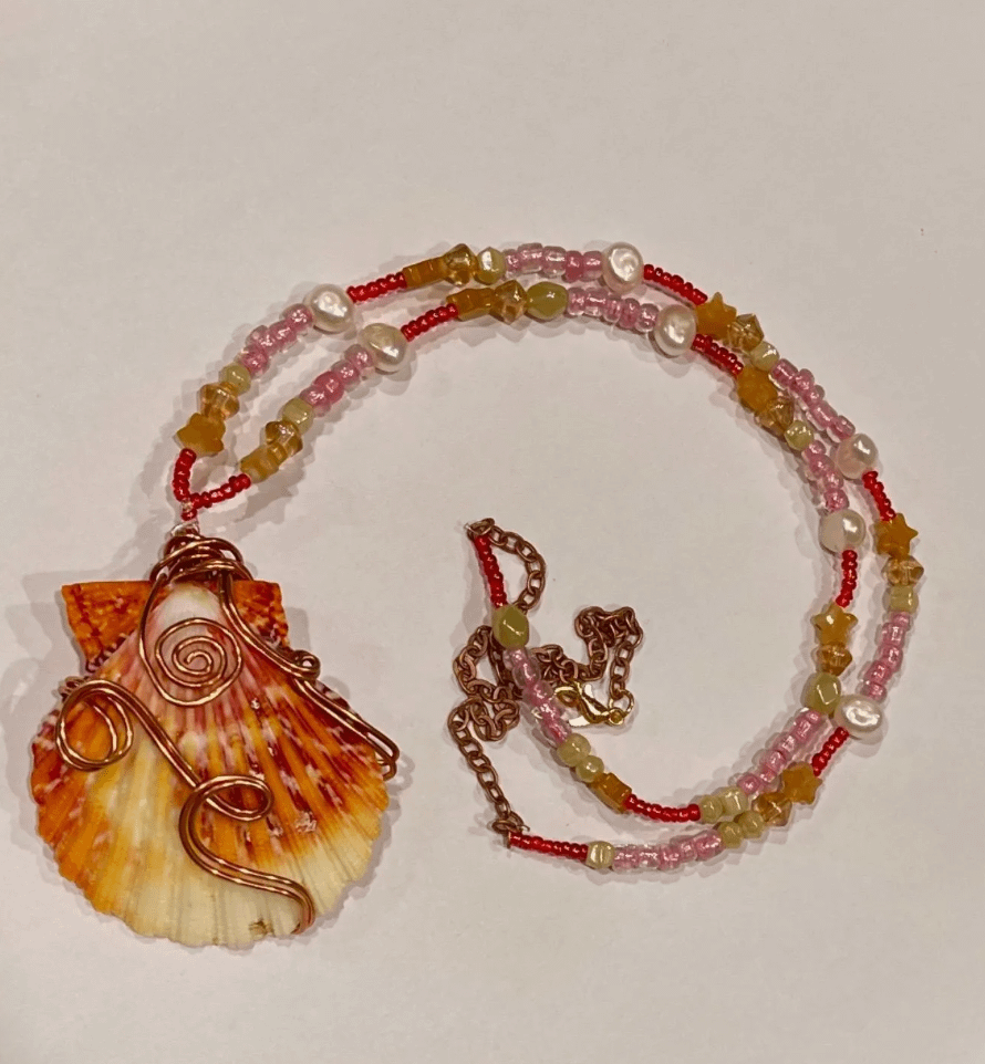 Beaded Seashell Necklace Freshwater Pearls and Aventurine Beads product image (1)