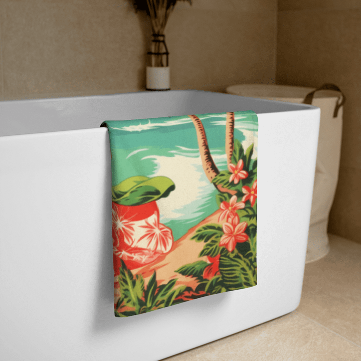 ISLAND BREEZE BEACH TOWEL – 30"x60", COTTON TERRY BACK, VINTAGE HULA GIRL COASTAL SCENE product image (2)