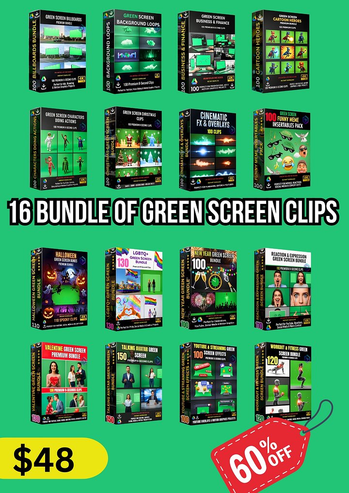 16 BUNDLE OF GREEN SCREEN CLIPS WITH FREE ACCESS FOR UPCOMING GREEN SCREEN BUNDLES product image (1)
