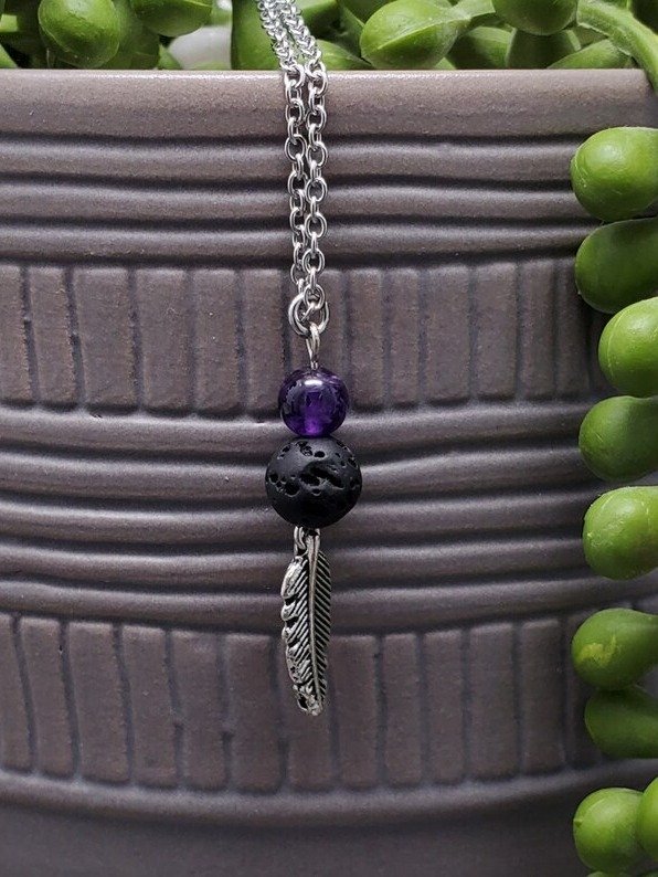 Light As a Feather Aromatherapy Necklace | Lava Stone Diffuser | Amethyst or Rose Quartz | Minimalist Healing Pendant product image (2)