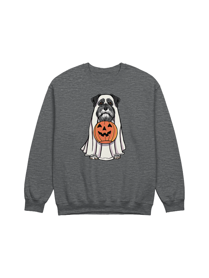 Funny Halloween Schnauzer(Black) Sweatshirt | Funny Schnauzer Wearing a Ghost Costume and Holding a Pumpkin Basket product image (1)