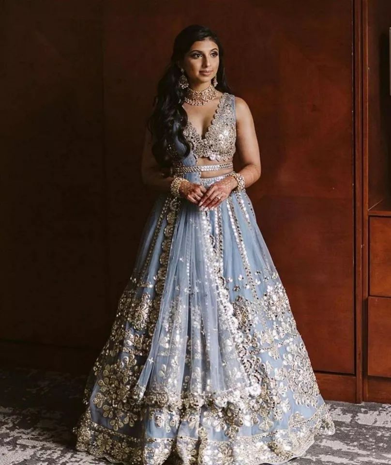 Grey Net Foil Embroidery Indian Party Wear Lehenga Lengha Choli Pakistani Skirt product image (4)