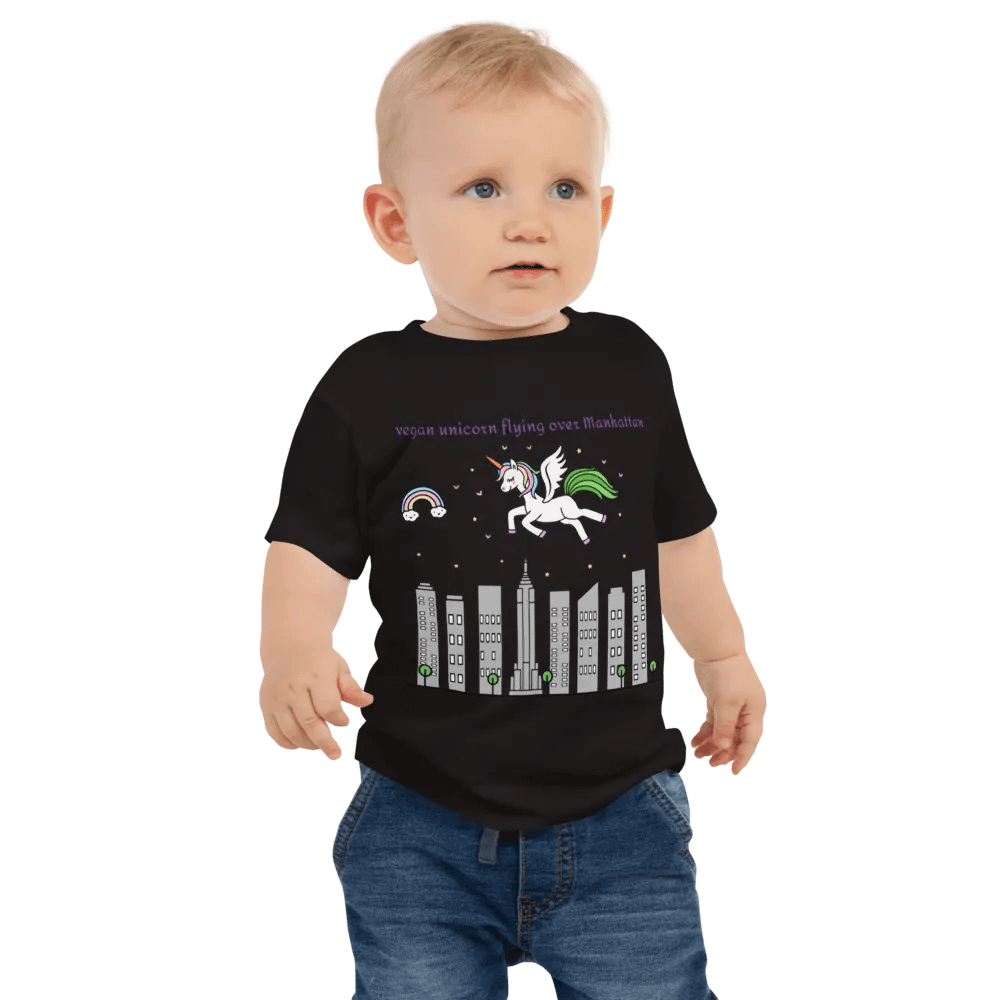 “Vegan Unicorn Flying Over Manhattan” Black T-Shirt for Kids product image (2)