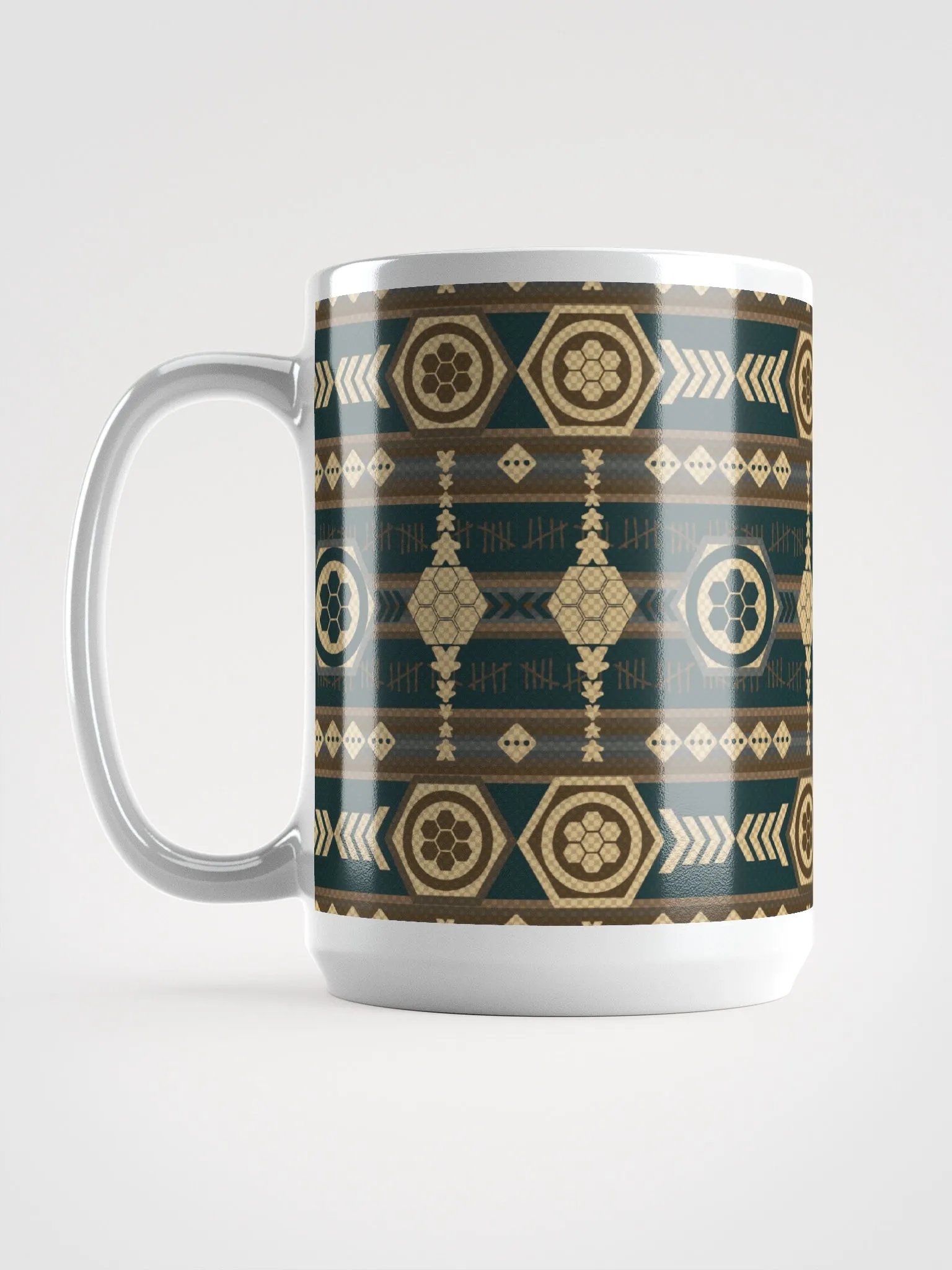 Rustic Southwestern Pattern Board Game Mug, Brown Blue Yellow 15 oz large mug with Aztek pattern product image (8)