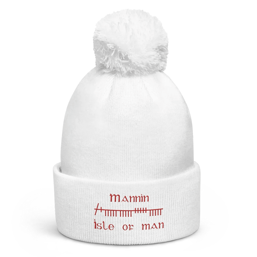 Isle of Man/Mannin Orthodox style Ogham, white with red, embroidered Pom-Pom Beanie product image (1)