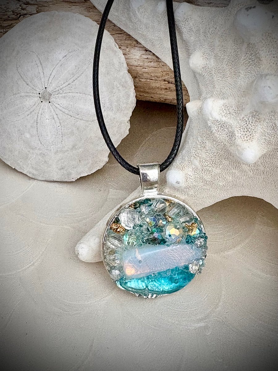 Mixed Metal Horizon Sea Glass Pendant Necklace | Handmade Bead & Sea Glass Art | Coastal Charm Jewelry by Monique Faella Designs™ | MFD-00227 product image (6)
