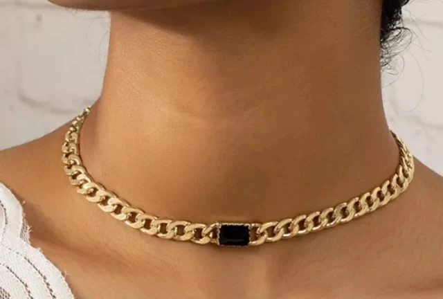 FASHION GOLD BLACK ONYX CUBAN CHAIN NECKLACE product image (1)