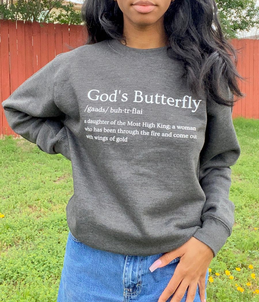 God’s Butterfly Defined Women’s Crewneck (White Text) product image (4)