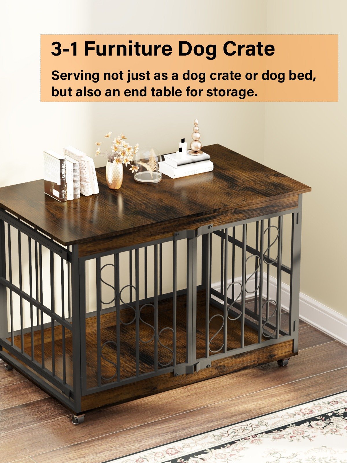 48 Inch Dog Cage Furniture for Extra Large Dog, Double-Doors Heavy Duty Dog Crate with 360° Caster Wheels, Dog Kennel Indoor Decorative Pet House Dog Cage Table, Brown product image (6)