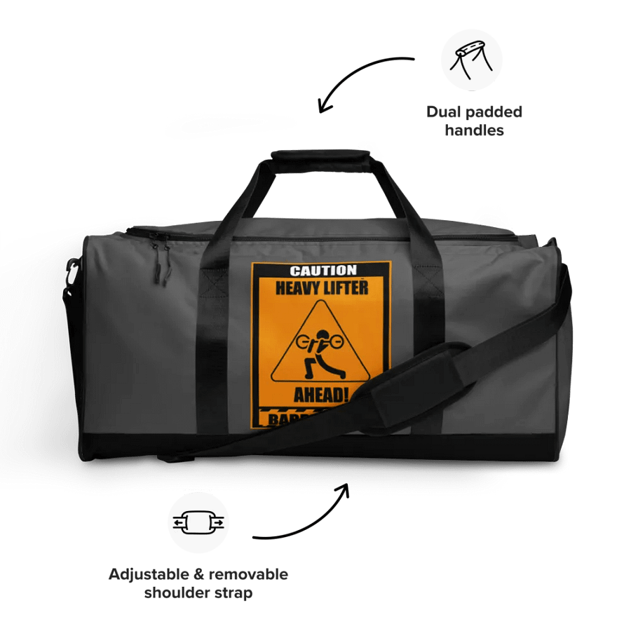 Caution Heavy Lifter Ahead-Barbell Zone Duffle Bag (Dark Gray and Black) product image (9)