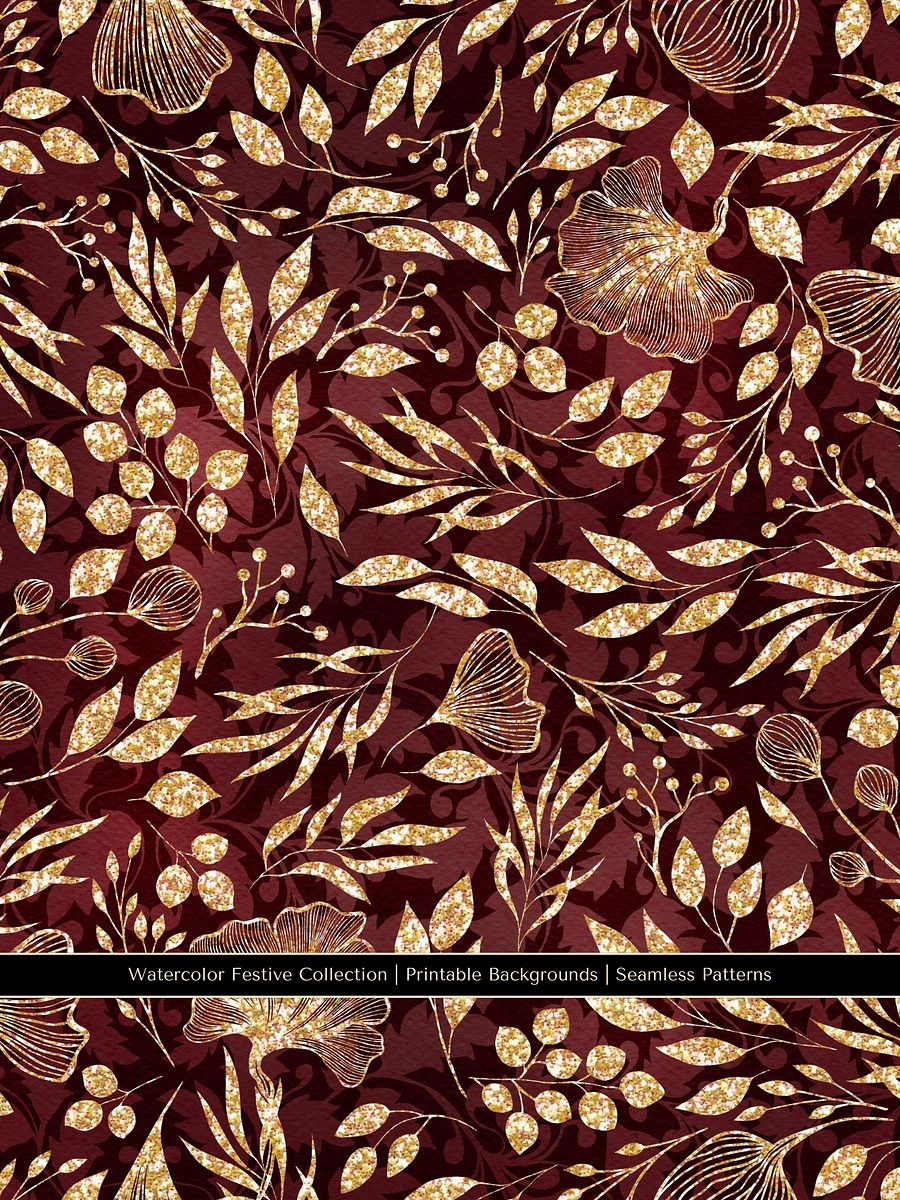 Whimsical Gothic Festive Gold Glitter Floral Seamless Patterns product image (6)