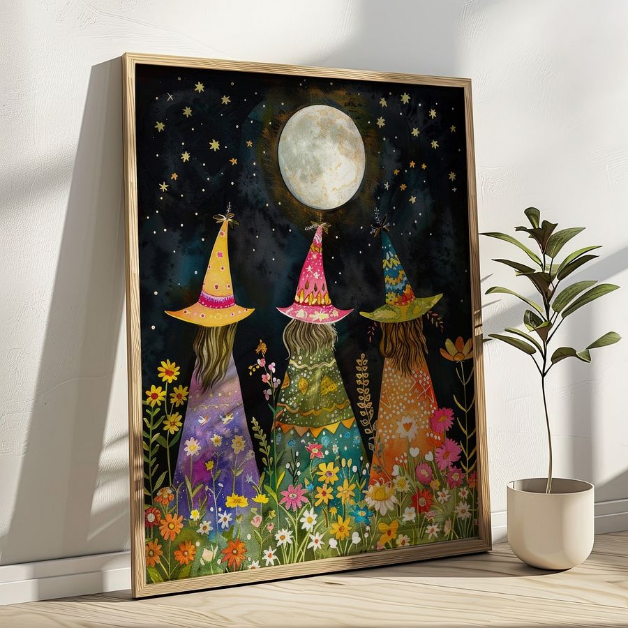 Whimsical Witches Under The Fullmoon Colorful Art Print product image (22)