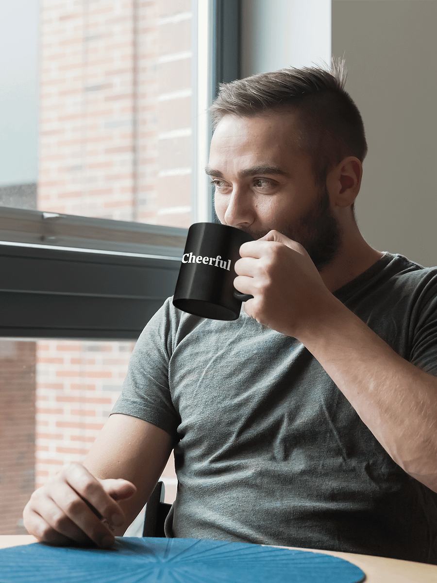 “Cheerful” Upbeat Black Glossy Mug product image (1)