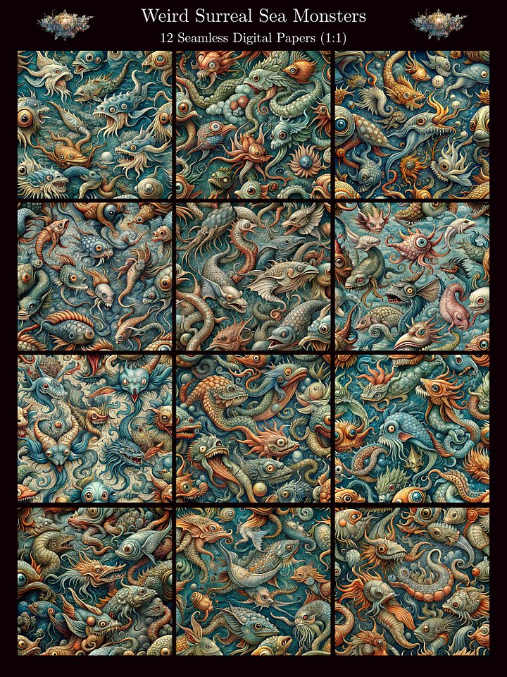 Weird Surreal Sea Monsters – Seamless Digital Papers product image (1)