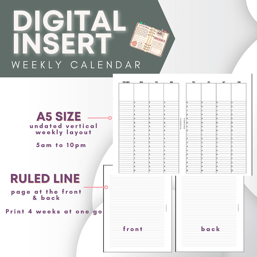 Undated Vertical Weekly Hourly Layout | A5 size product image (1)