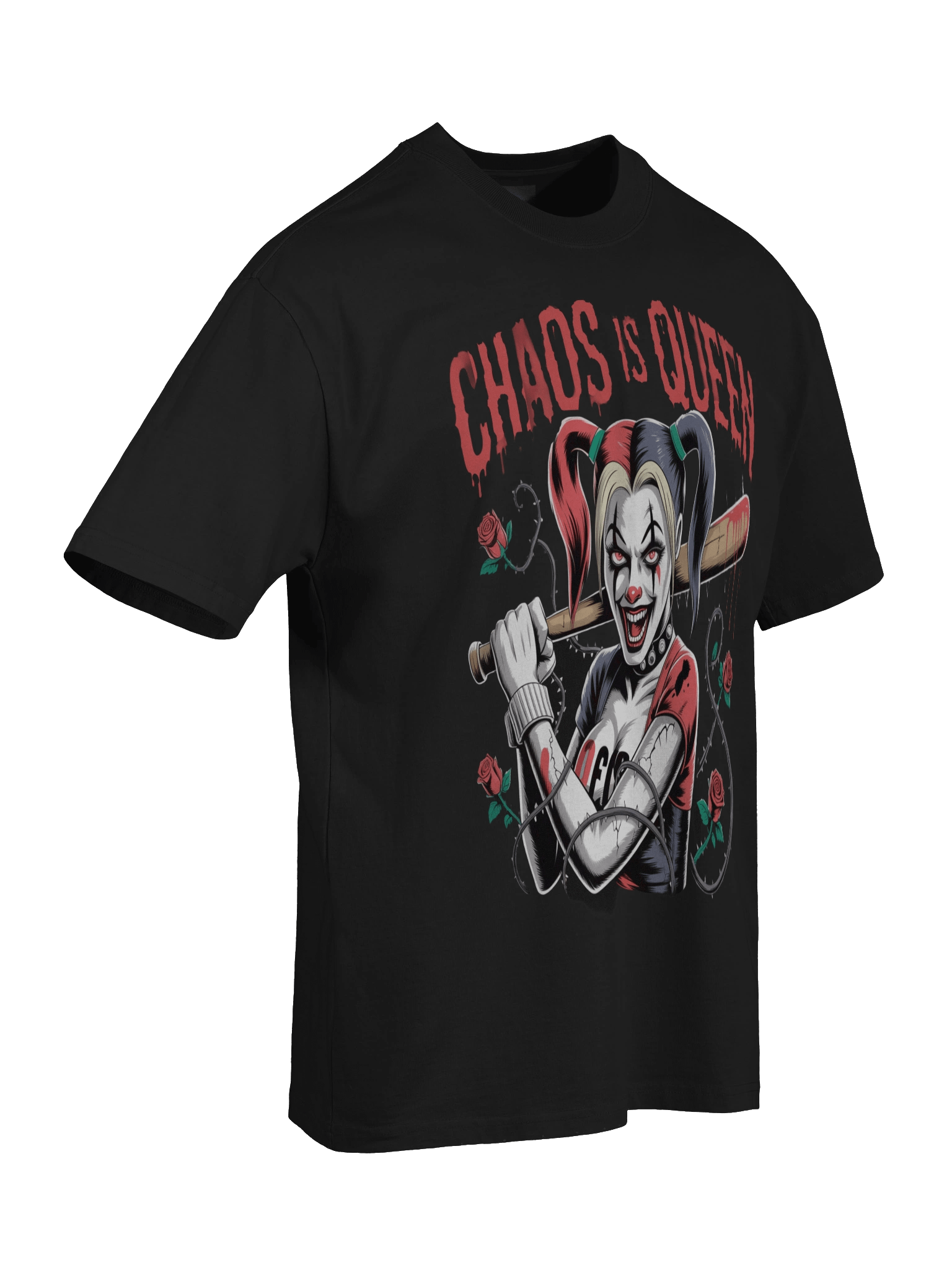 Harley Quinn 'Chaos is Queen' Rose-Thorn Bat Oversized Faded T-Shirt product image (8)