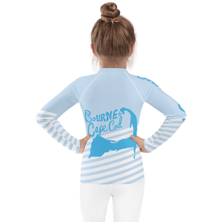 Girls' | Little KIDS | Rash Guard | BRN.2C.C.™ Front Print | BOURNE to Cape Cod™ Back & Sleeve Logo | Coastal UV Shirt for Active Kids | Slim Fit Swim Top | Blue Logo on Patriotic Pastels product image (2)