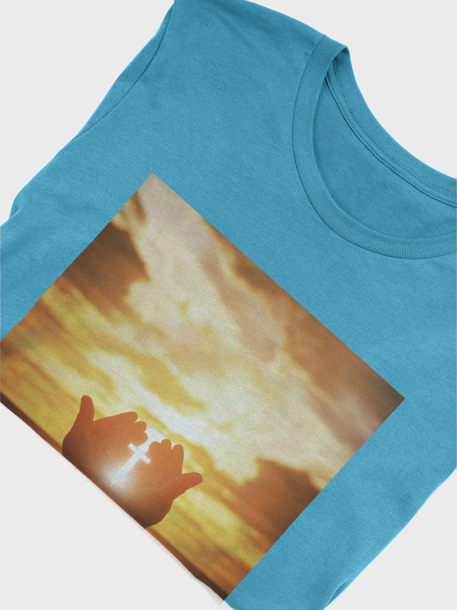 Cupped hands holding a glowing cross silhouette t-shirt product image (6)