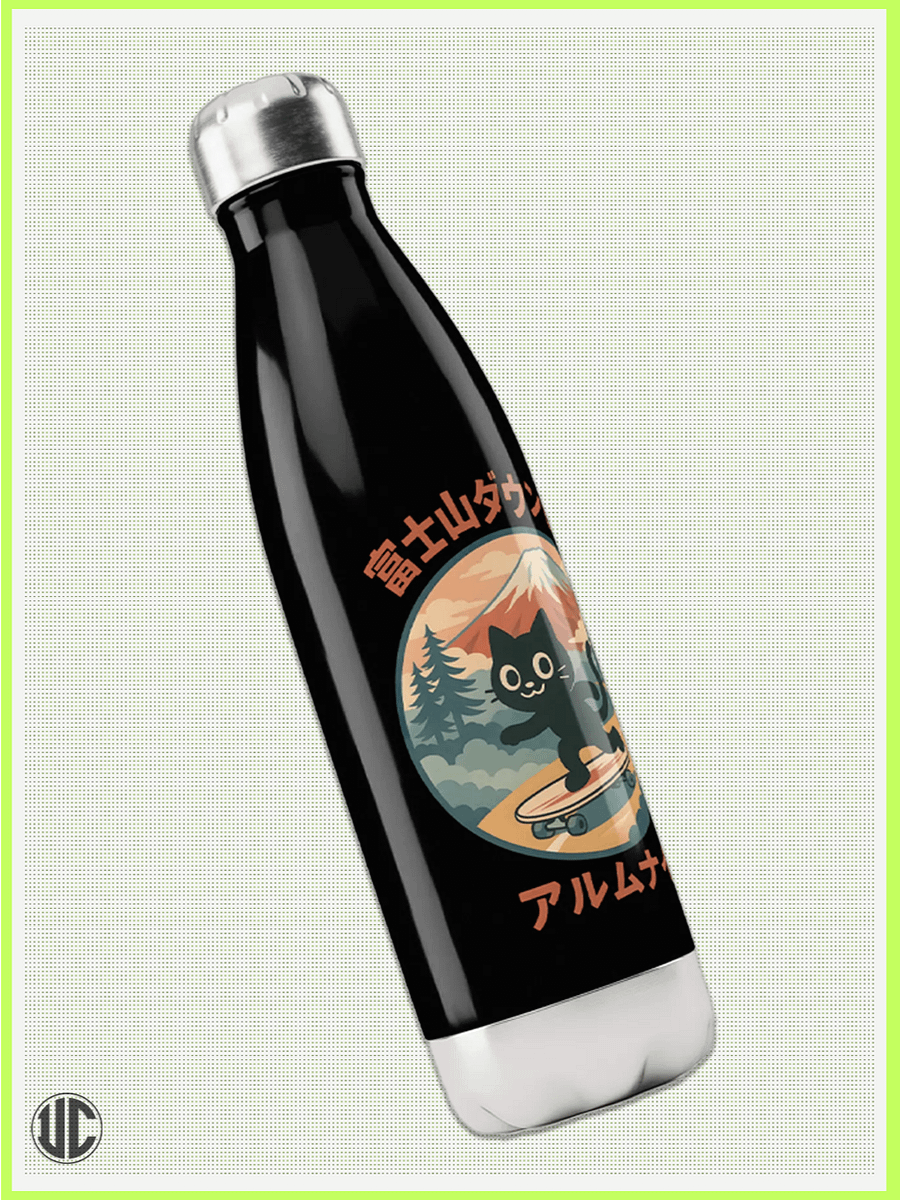 UnkoCon Stainless Steel Water Bottle – Fuji Downhill Skater Cat (17 oz) product image (3)