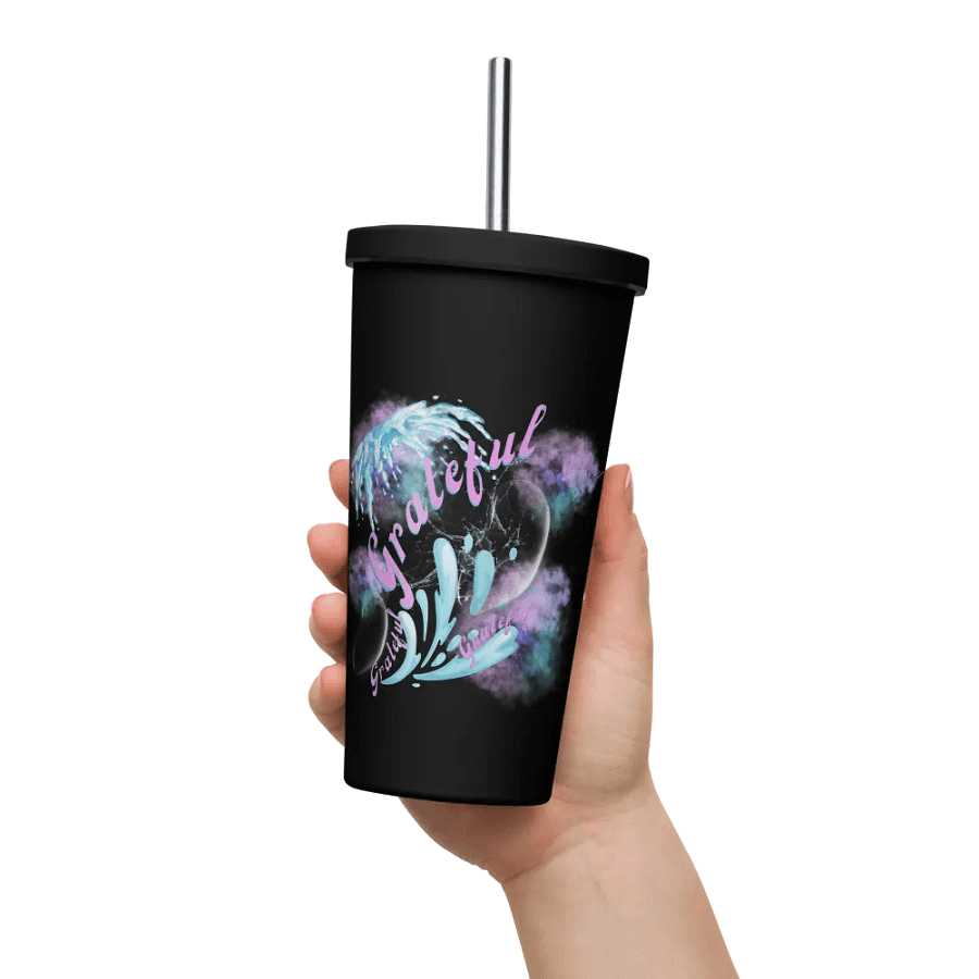 Insulated tumbler with beautiful swirly blue water splash and drops design featuring “grateful’ product image (11)